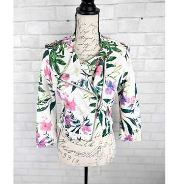 Guess Floral Print Moto Leather Zip Up Jacket Size