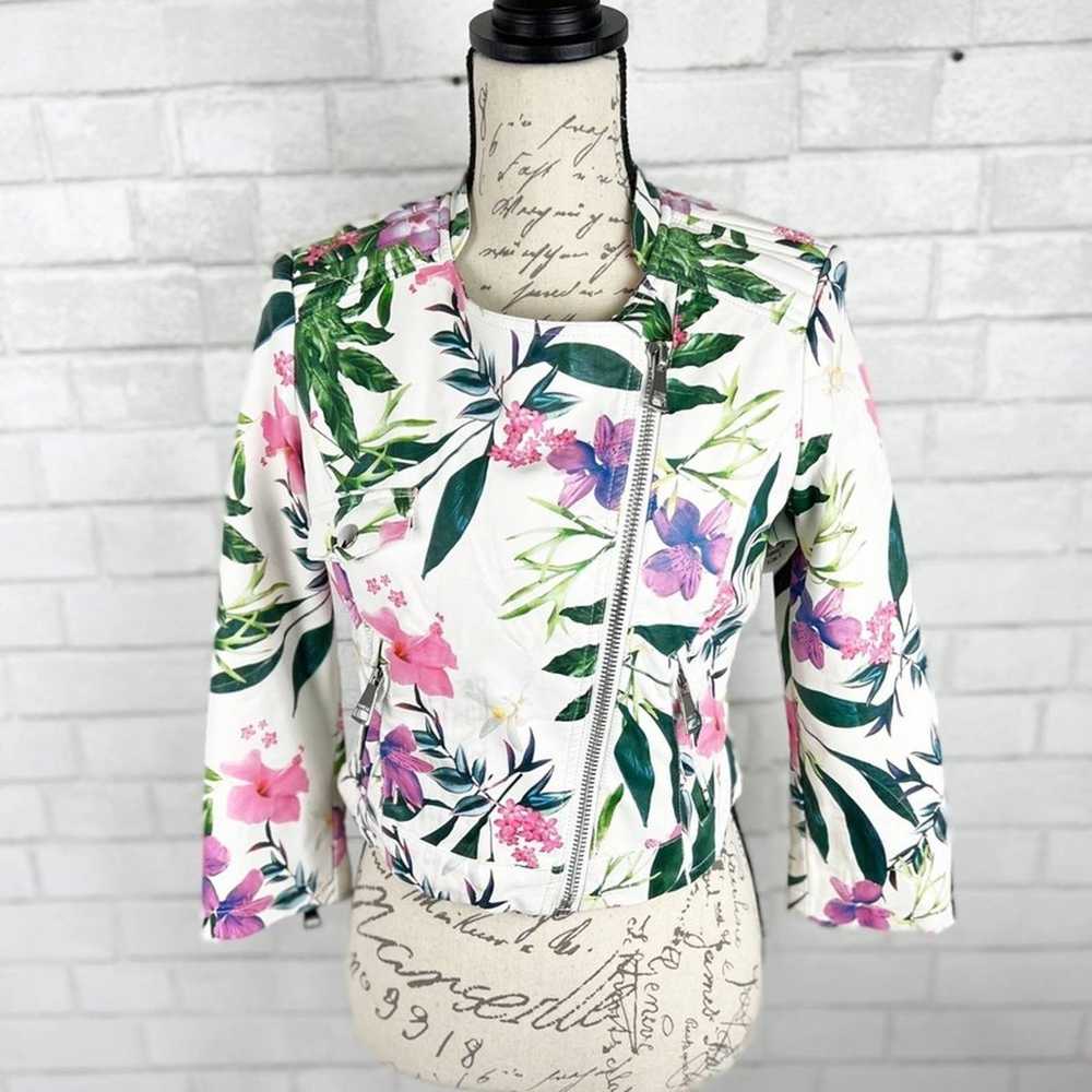 Guess Floral Print Moto Leather Zip Up Jacket Siz… - image 2