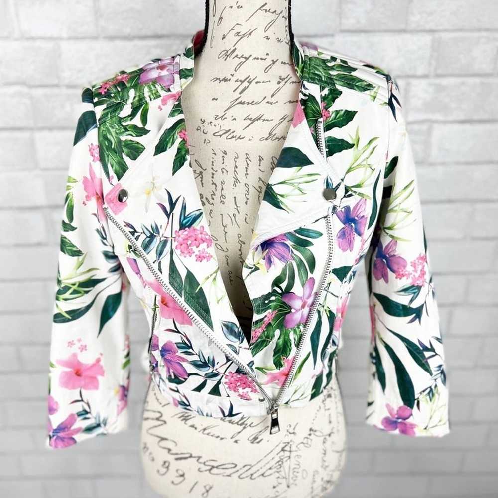 Guess Floral Print Moto Leather Zip Up Jacket Siz… - image 9