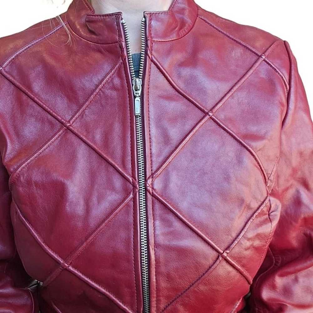 Y2K Oxblood Dark Wine Red M Leather Zipup Jacket … - image 3