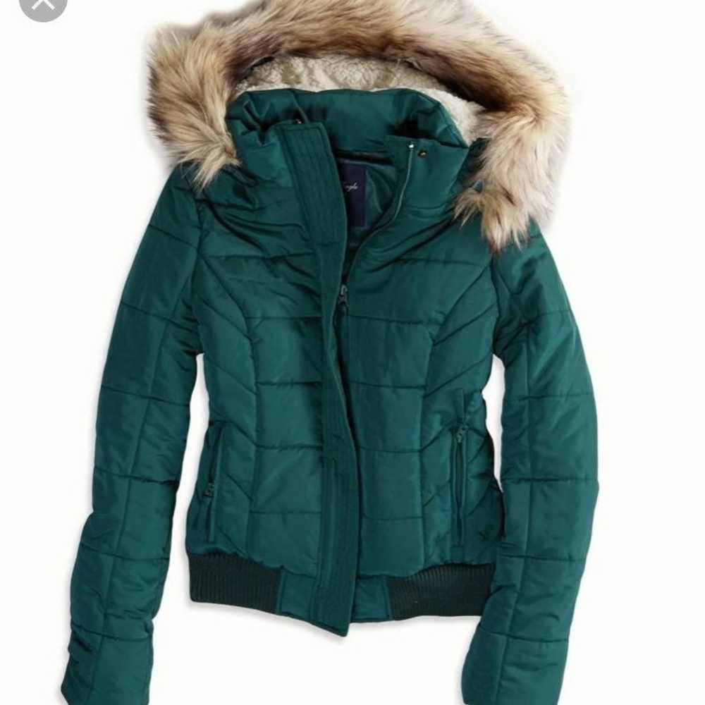 AEO Teal Puffer Coat With Faux Fur Hood - image 1