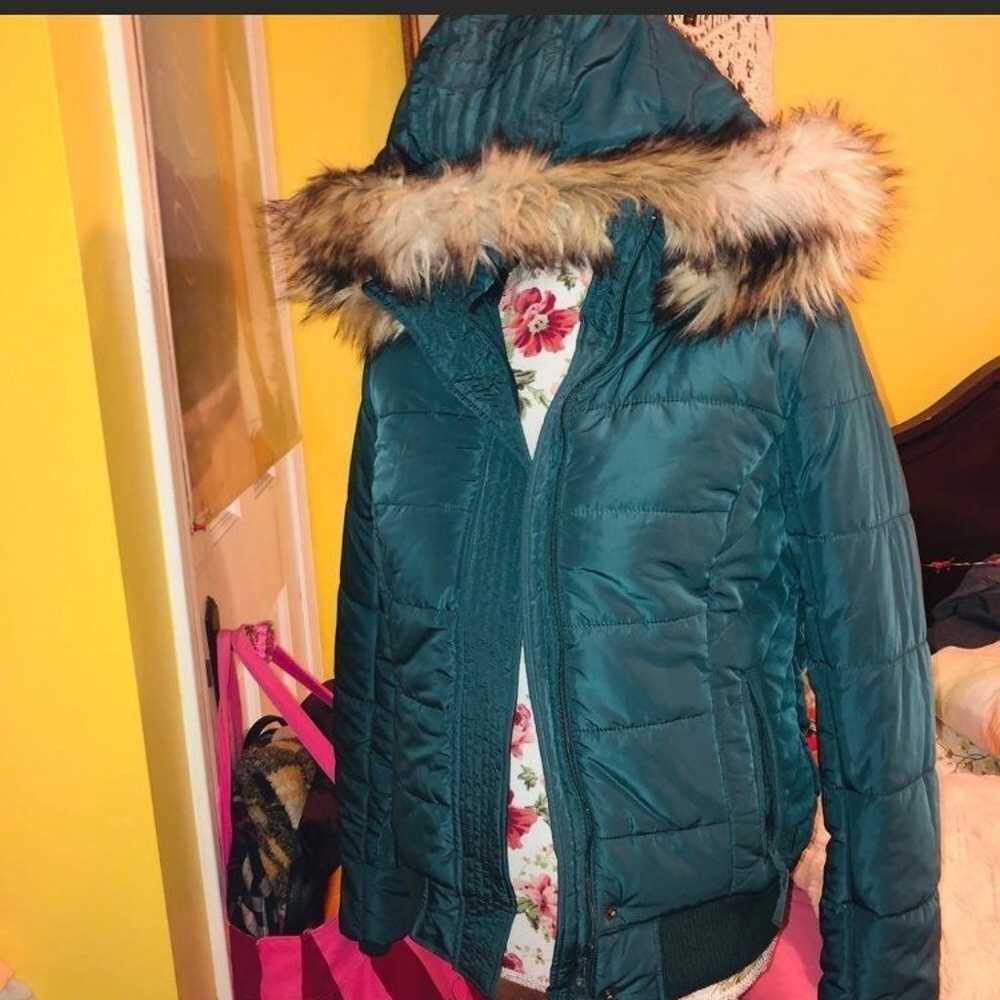 AEO Teal Puffer Coat With Faux Fur Hood - image 4