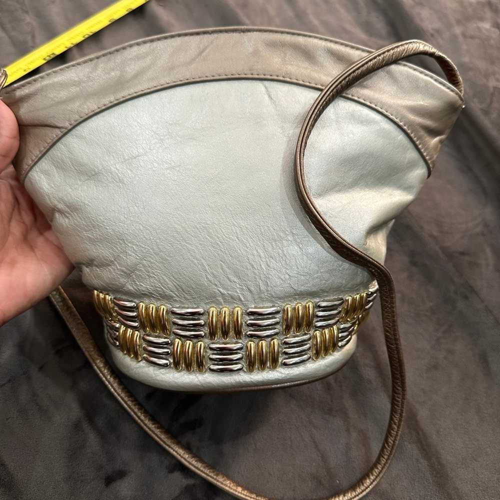 Atalla Genuine Leather metallic gold bucket Handb… - image 11