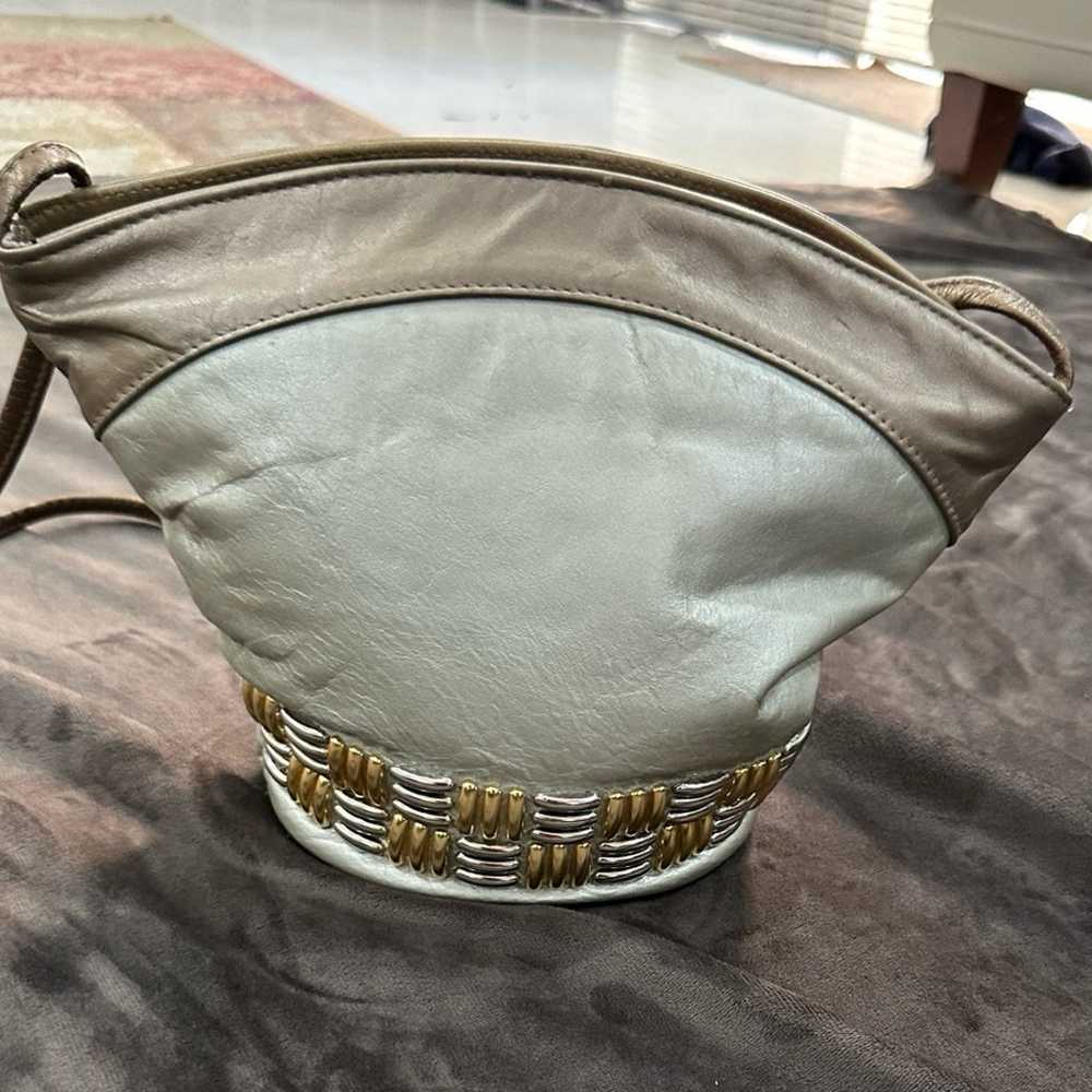 Atalla Genuine Leather metallic gold bucket Handb… - image 1