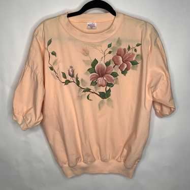 Vintage Peach Painted Flower Popover Top 80s 90s … - image 1