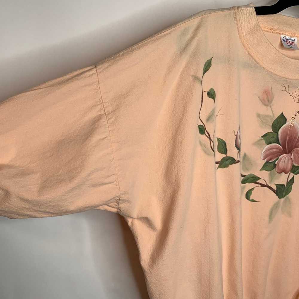 Vintage Peach Painted Flower Popover Top 80s 90s … - image 2
