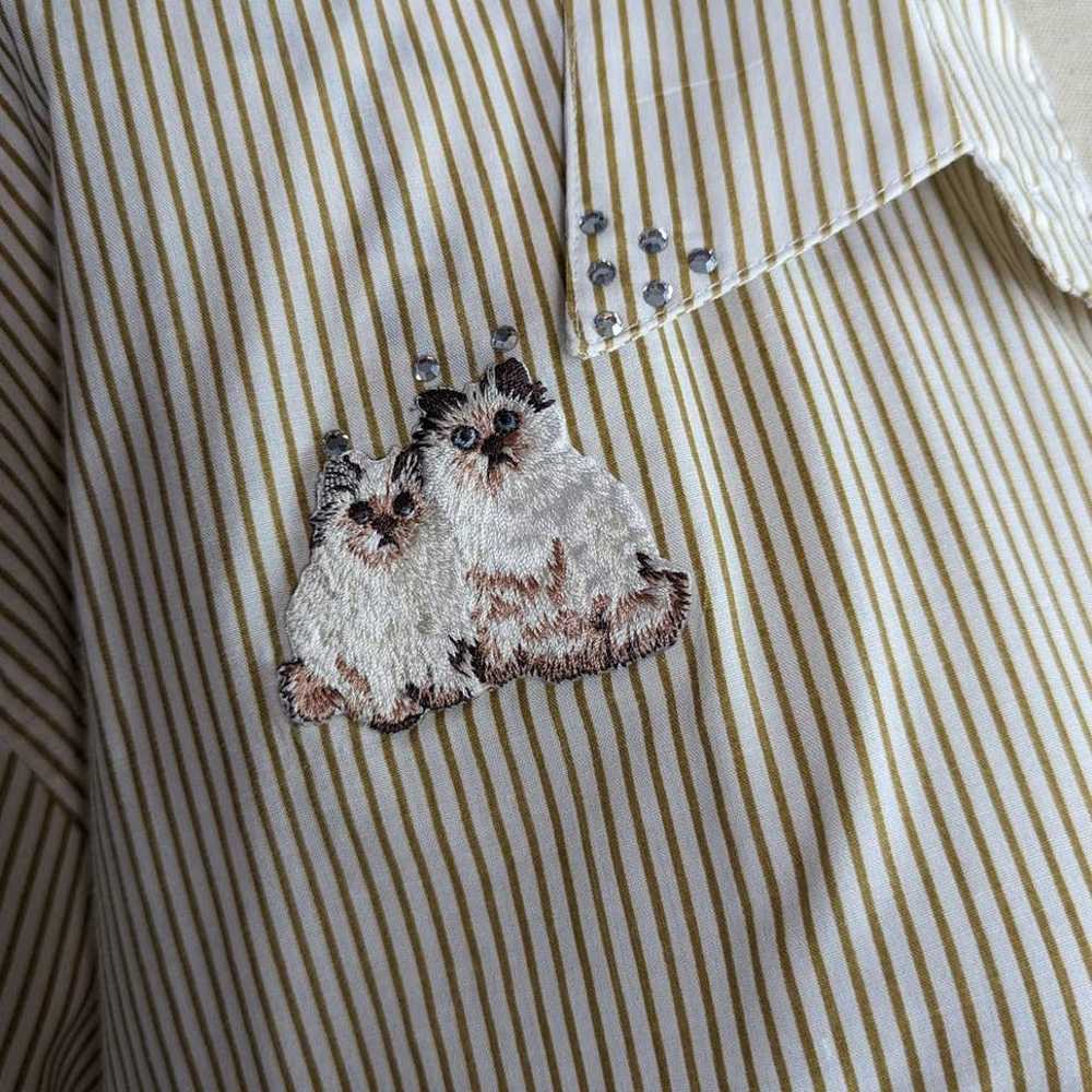 Vintage Embroidered Cat Striped Button Down Shirt… - image 12