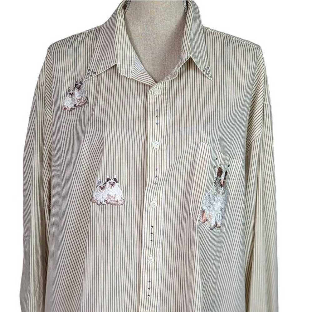 Vintage Embroidered Cat Striped Button Down Shirt… - image 1
