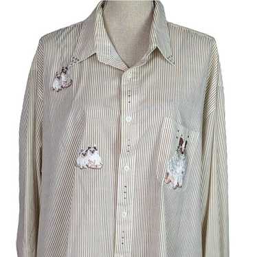 Vintage Embroidered Cat Striped Button Down Shirt… - image 1