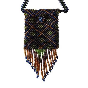 Vintage Artisan Tribal Seed Bead Necklace Pouch G… - image 1