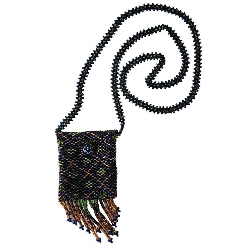 Vintage Artisan Tribal Seed Bead Necklace Pouch G… - image 2