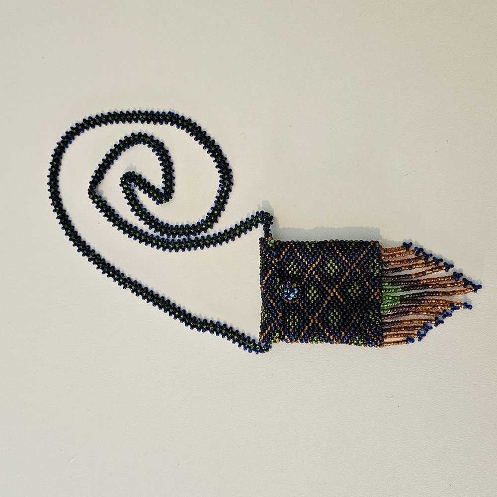 Vintage Artisan Tribal Seed Bead Necklace Pouch G… - image 5