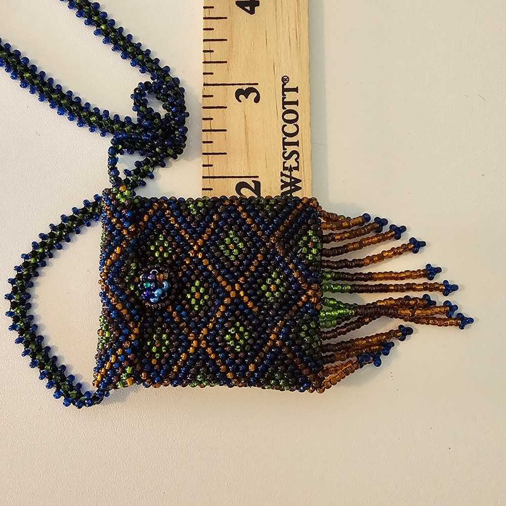 Vintage Artisan Tribal Seed Bead Necklace Pouch G… - image 9