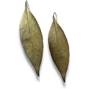 Vintage Brass Long Leaf French Wire Pierced Earri… - image 1