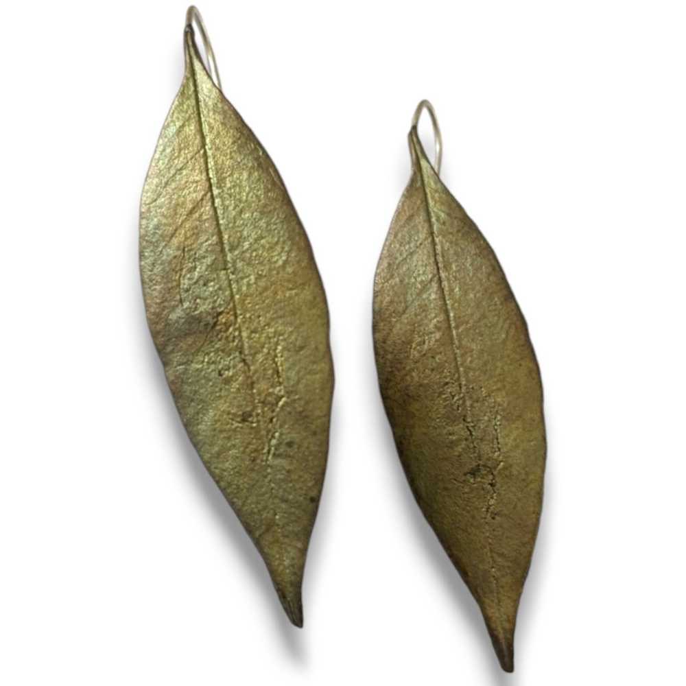 Vintage Brass Long Leaf French Wire Pierced Earri… - image 2