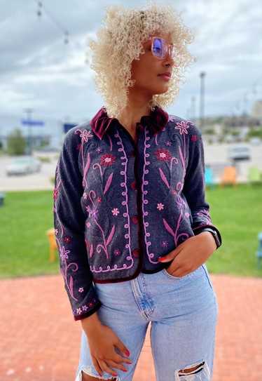 90s Vintage Floral Embroidery Cardigan with Velvet