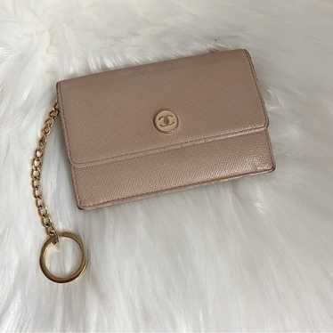 Vintage Chanel small key card coin holder tan leat