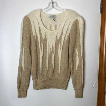 VINTAGE 80's Tan & White HANDKNIT Sweater Angora … - image 1