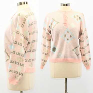 Pinko 80s Vintage Womens Sweater Size M Pink Geom… - image 1