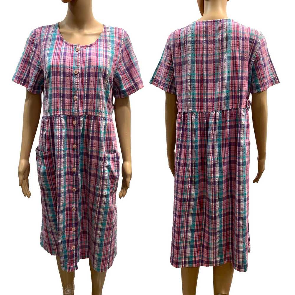 Vintage 80s Pink Madras Plaid Seersucker Oversize… - image 11