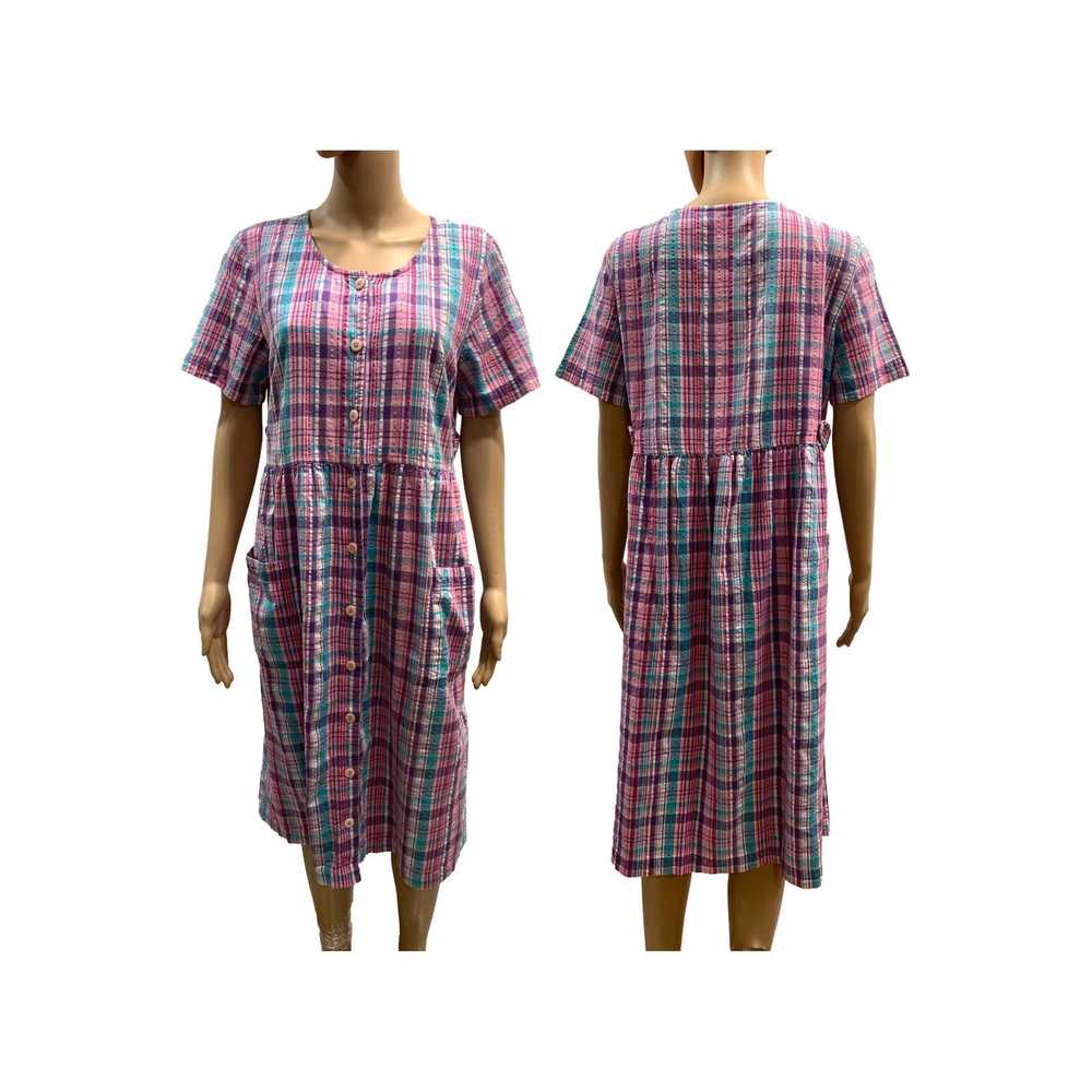 Vintage 80s Pink Madras Plaid Seersucker Oversize… - image 1