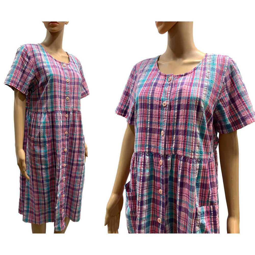 Vintage 80s Pink Madras Plaid Seersucker Oversize… - image 2