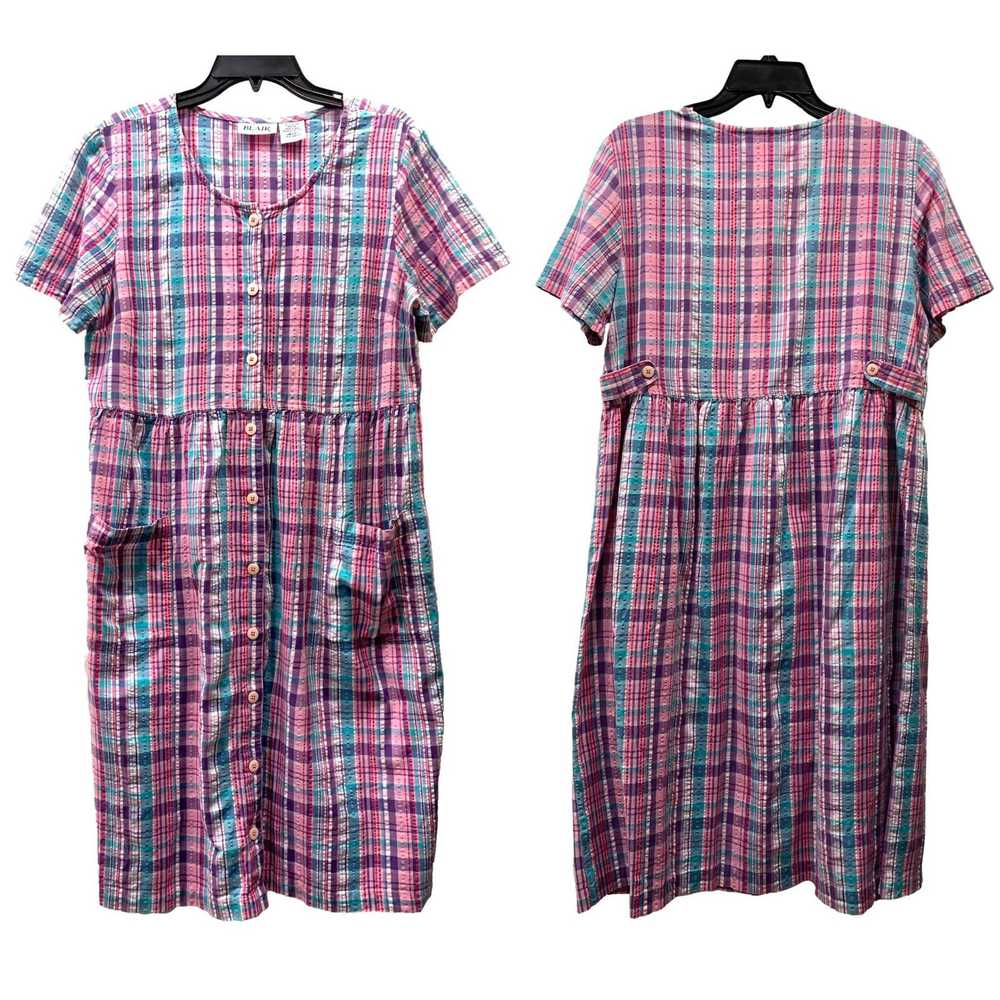 Vintage 80s Pink Madras Plaid Seersucker Oversize… - image 3