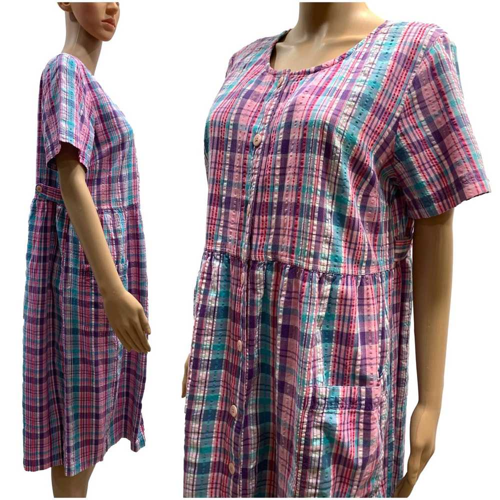 Vintage 80s Pink Madras Plaid Seersucker Oversize… - image 4