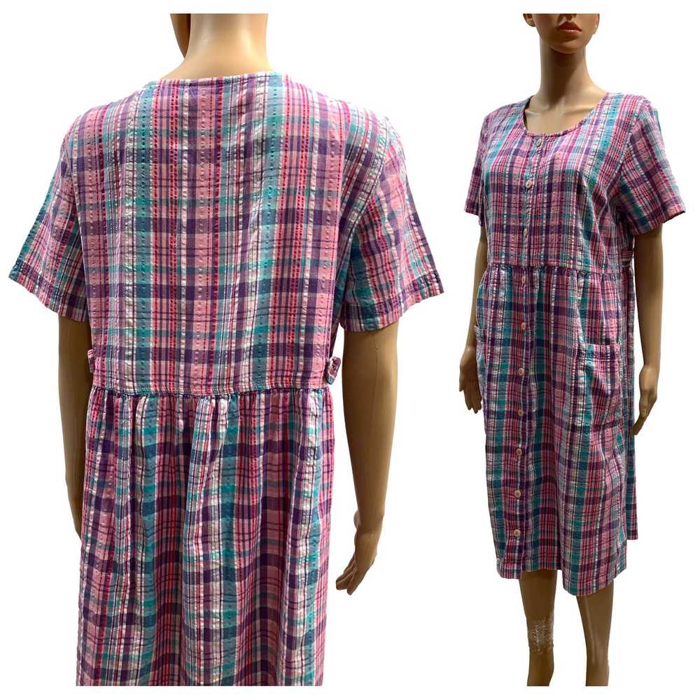 Vintage 80s Pink Madras Plaid Seersucker Oversize… - image 5