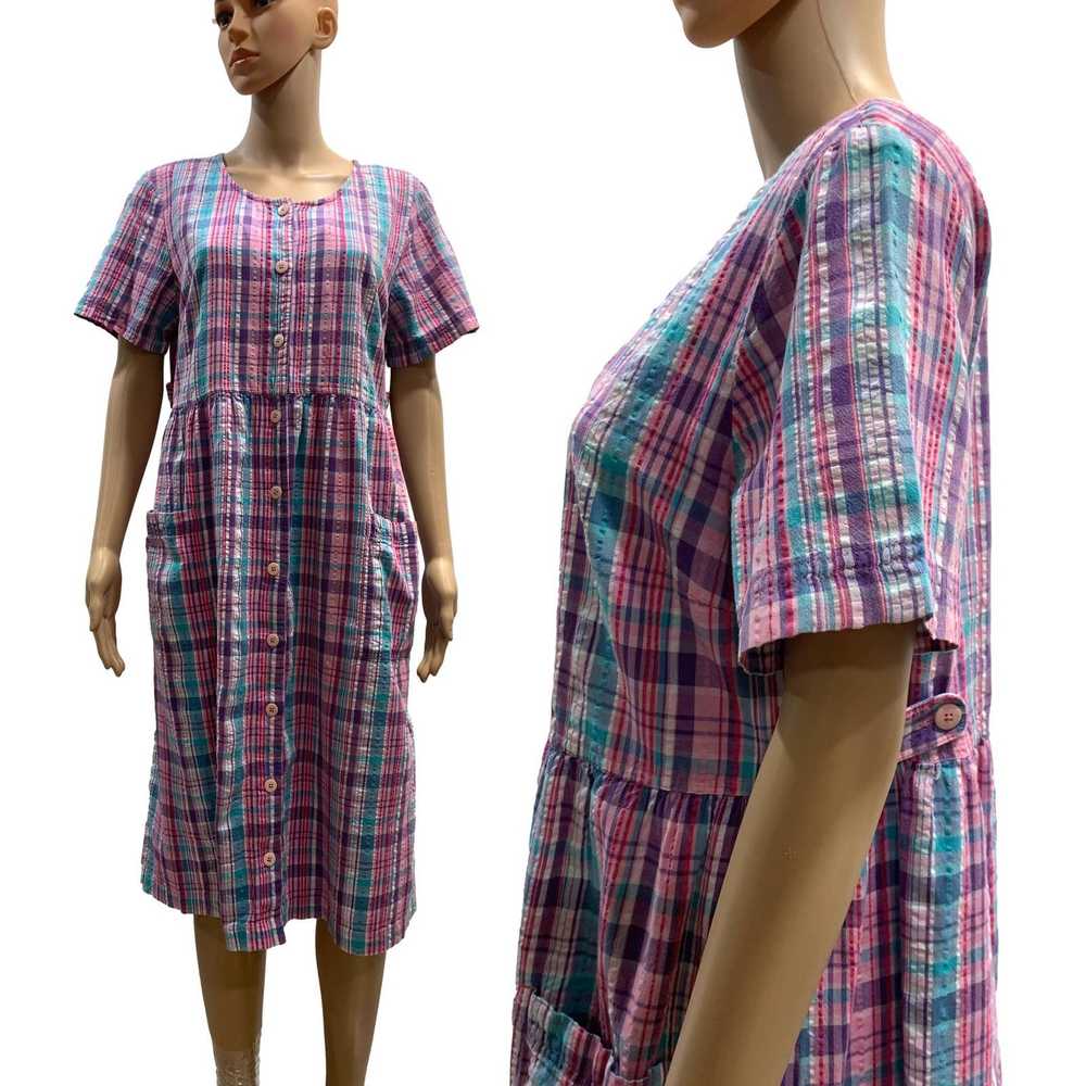 Vintage 80s Pink Madras Plaid Seersucker Oversize… - image 7