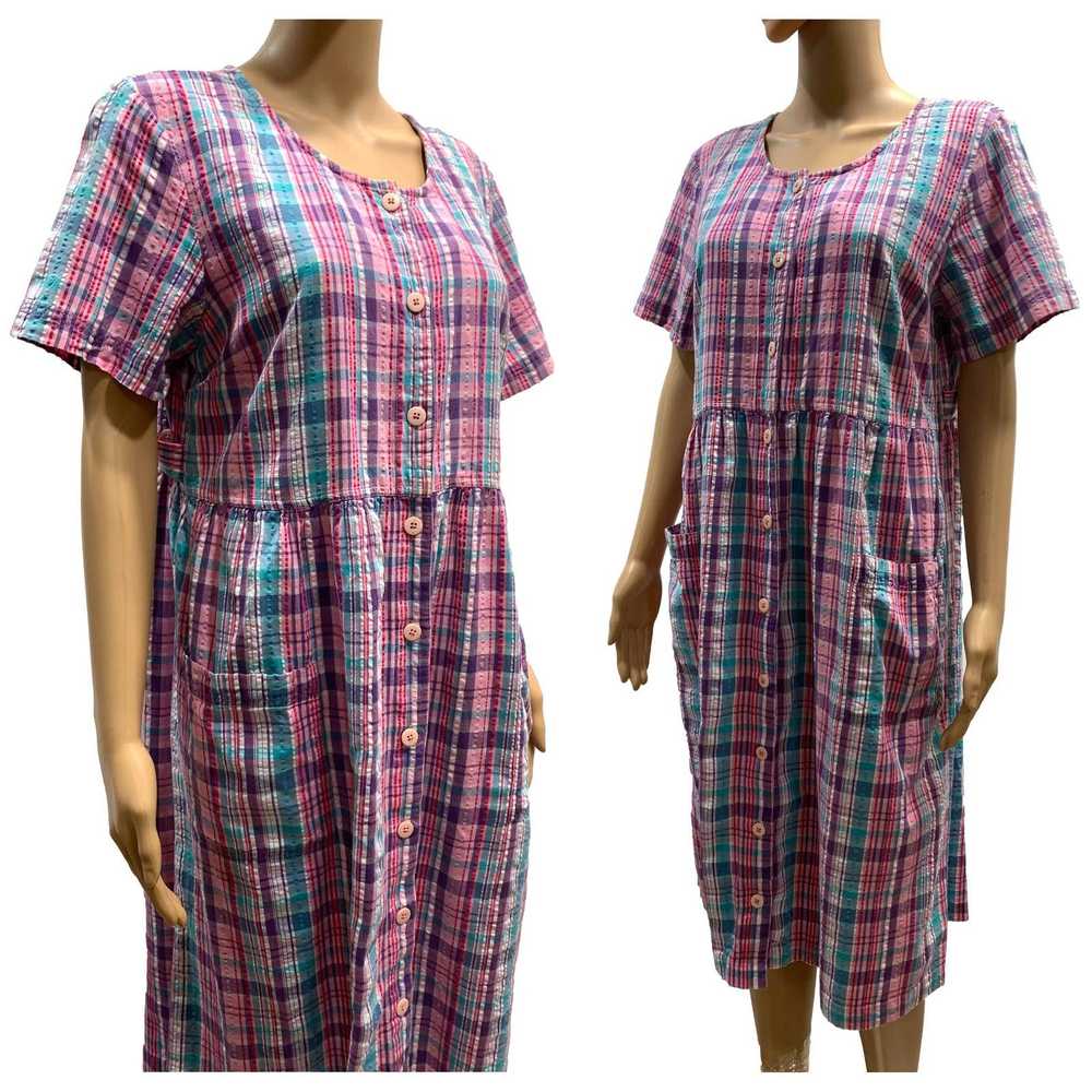 Vintage 80s Pink Madras Plaid Seersucker Oversize… - image 8