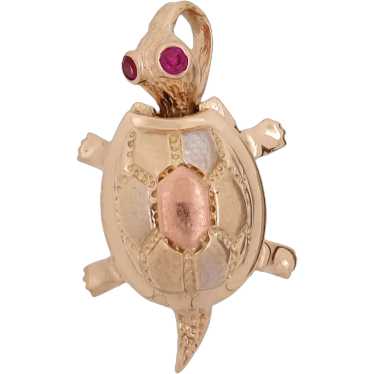 Turtle Pendant Charm 14K Gold Ruby Accents Movabl… - image 1
