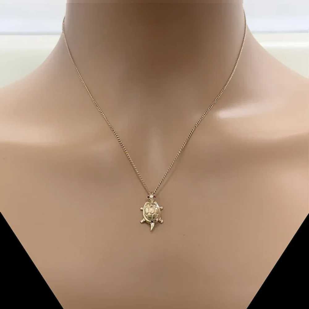 Turtle Pendant Charm 14K Gold Ruby Accents Movabl… - image 2