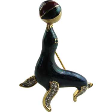 Teal Seal Balancing a Ball Enamelled With Crystal… - image 1