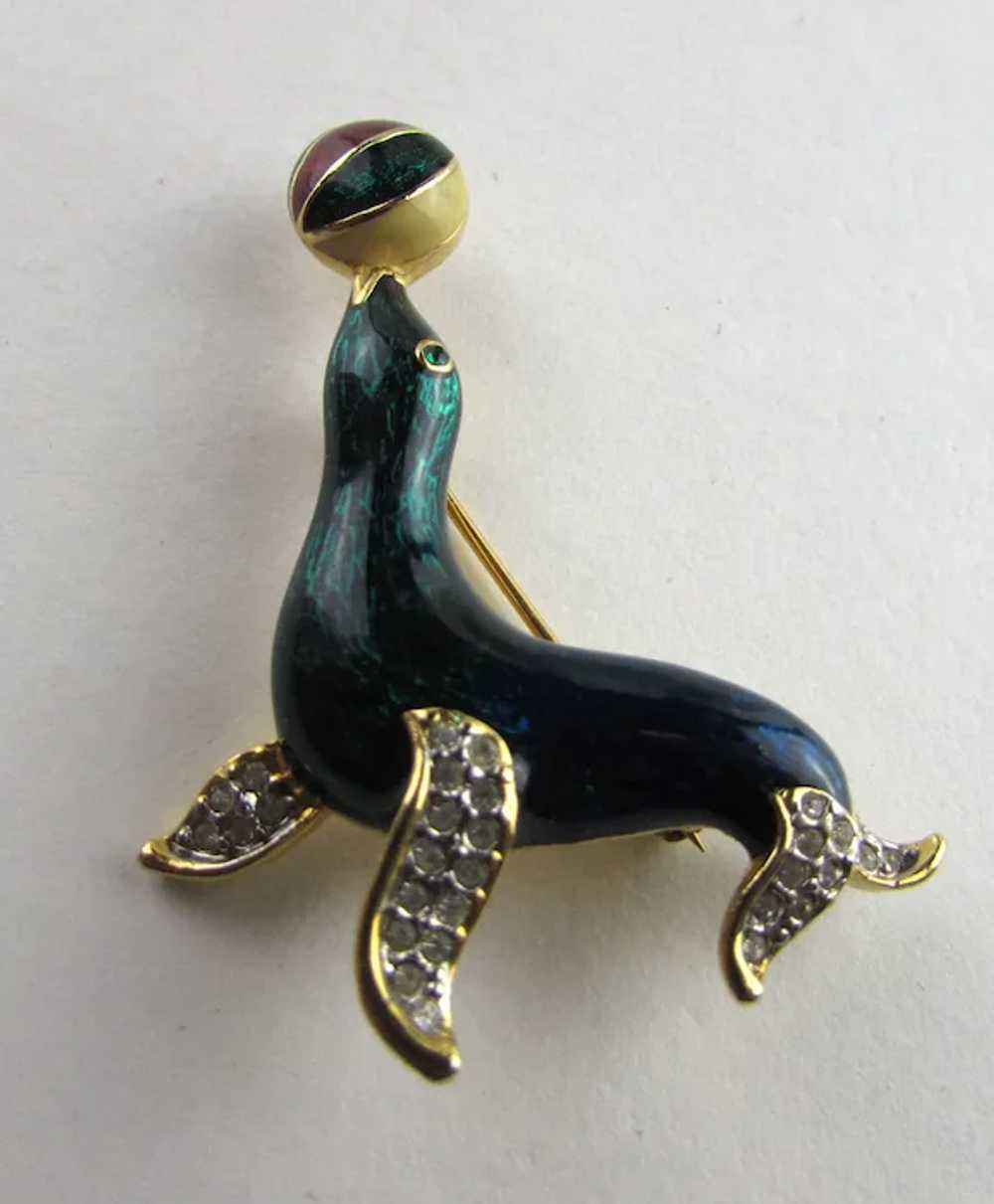 Teal Seal Balancing a Ball Enamelled With Crystal… - image 2