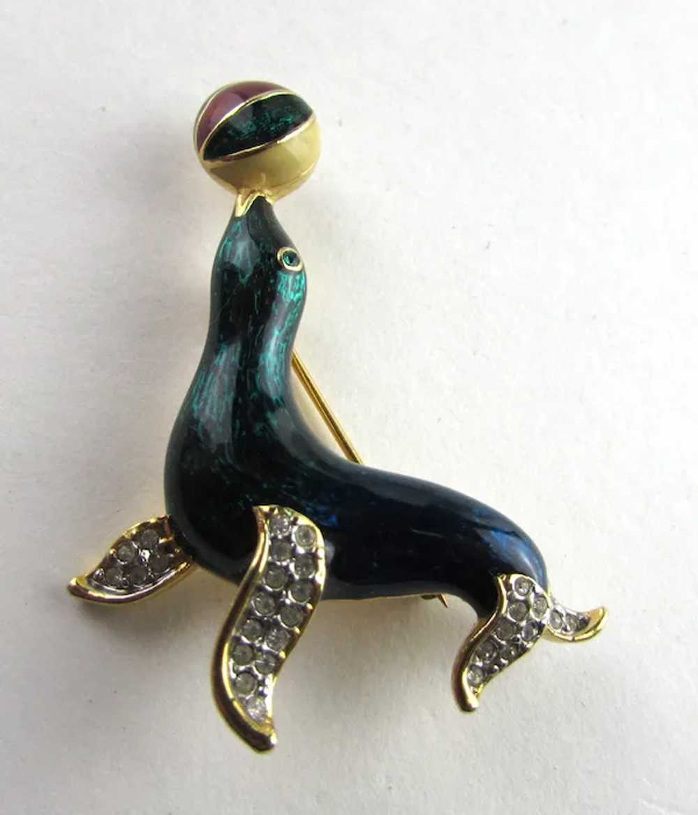 Teal Seal Balancing a Ball Enamelled With Crystal… - image 4