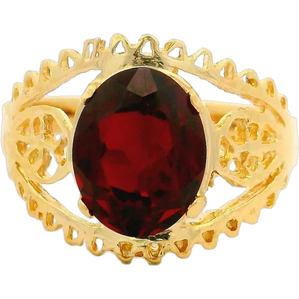 Vintage 14k Yellow Gold Deep Red Oval Stone w/ Op… - image 1