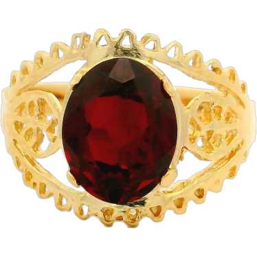 Vintage 14k Yellow Gold Deep Red Oval Stone w/ Op… - image 1