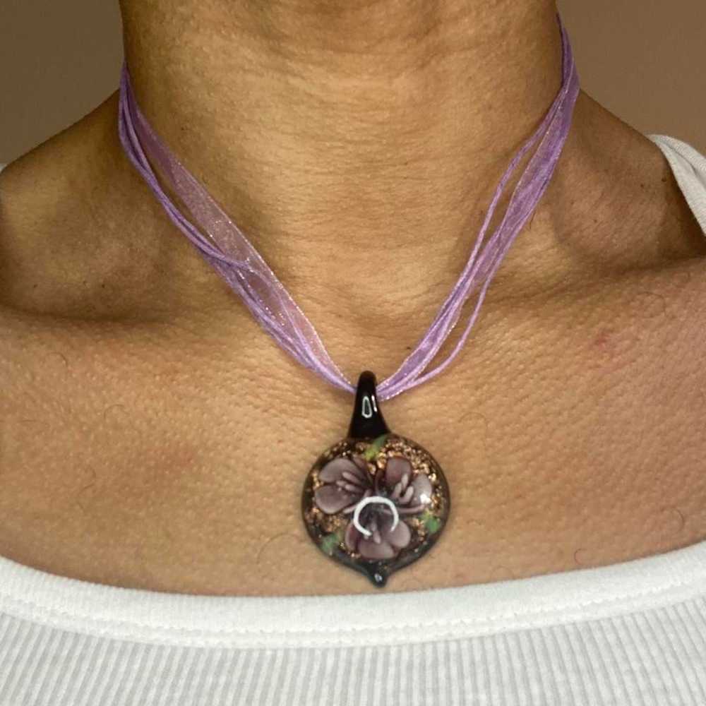 Jewelry × Other Purple Floral Glass Pendant Ribbo… - image 1
