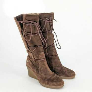 Ugg Suede Lace Up Wedge Boot Brown 9 shearling sh… - image 1