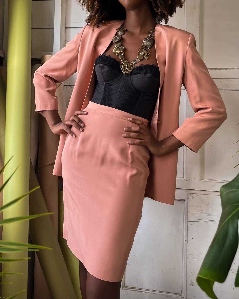 90s Pink Silk Skirt Suit - image 1