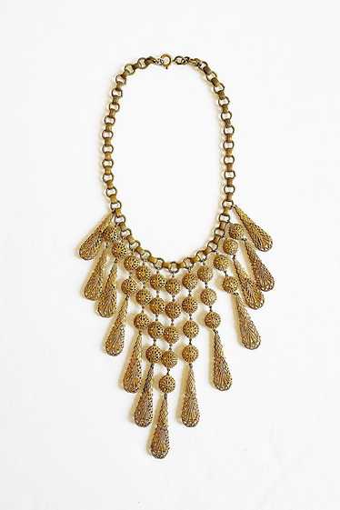 Vintage 1940's Brass Filigree Dangle Bib Necklace… - image 1