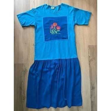 Johnny Was T Shirt Dress Blue Embroidered Butterf… - image 1