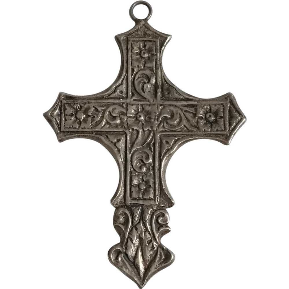 Sterling silver cross pendant heavily chased flor… - image 1
