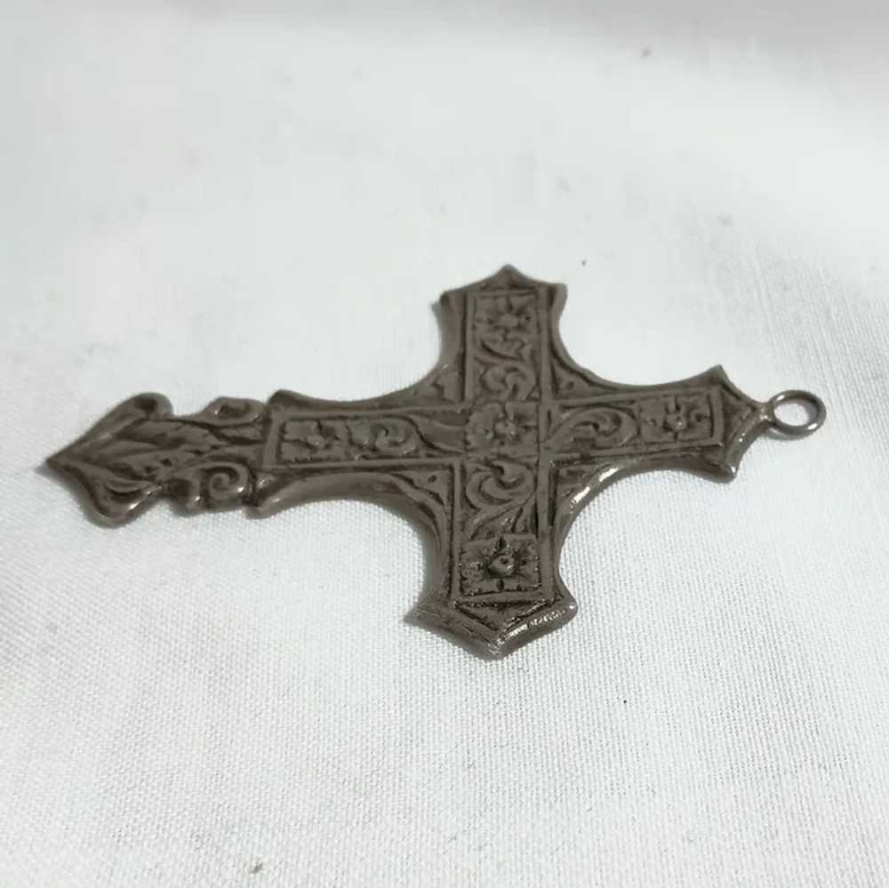Sterling silver cross pendant heavily chased flor… - image 2
