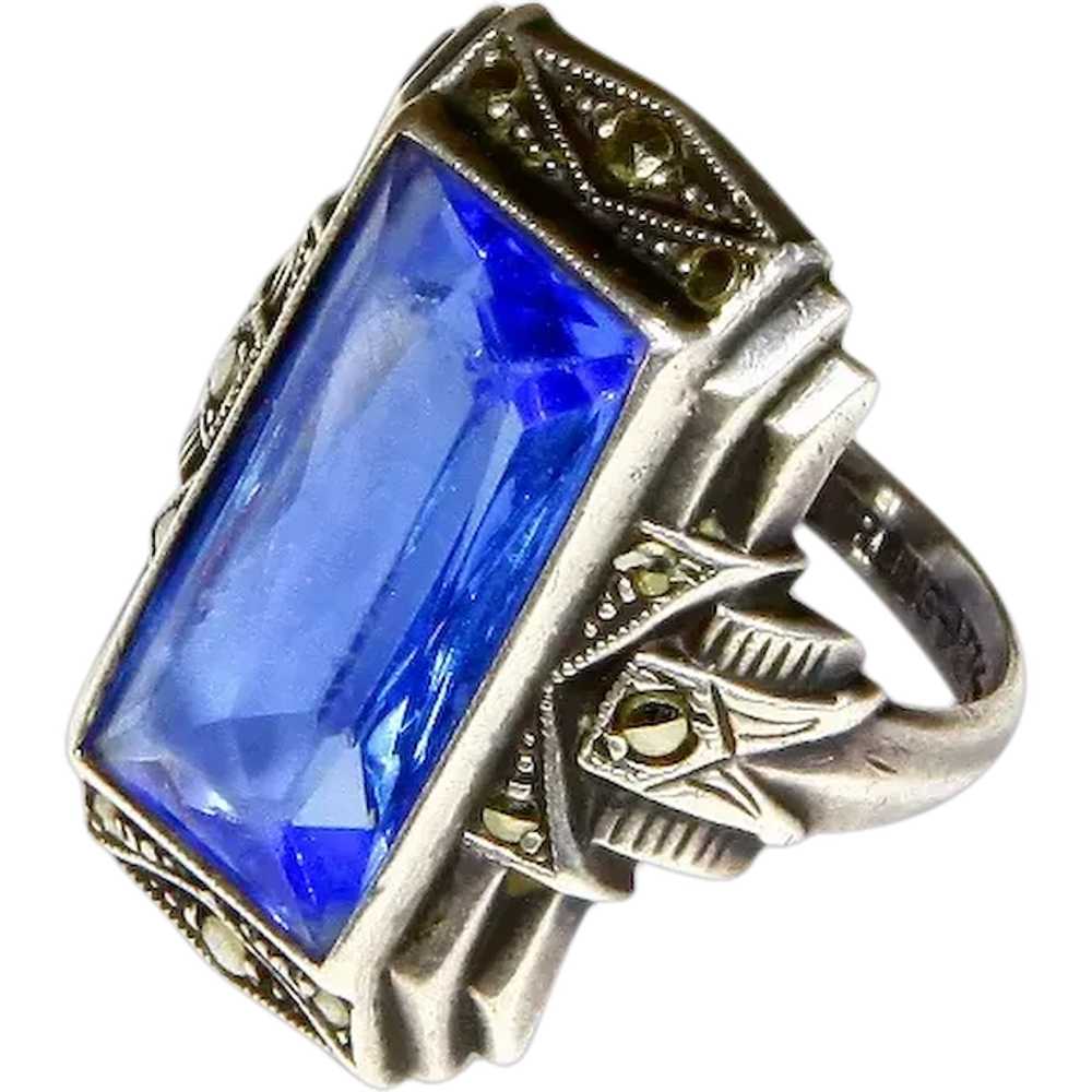 Art Deco Sterling Silver and faux Sapphire Ring –… - image 1
