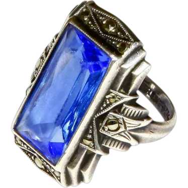 Art Deco Sterling Silver and faux Sapphire Ring –… - image 1