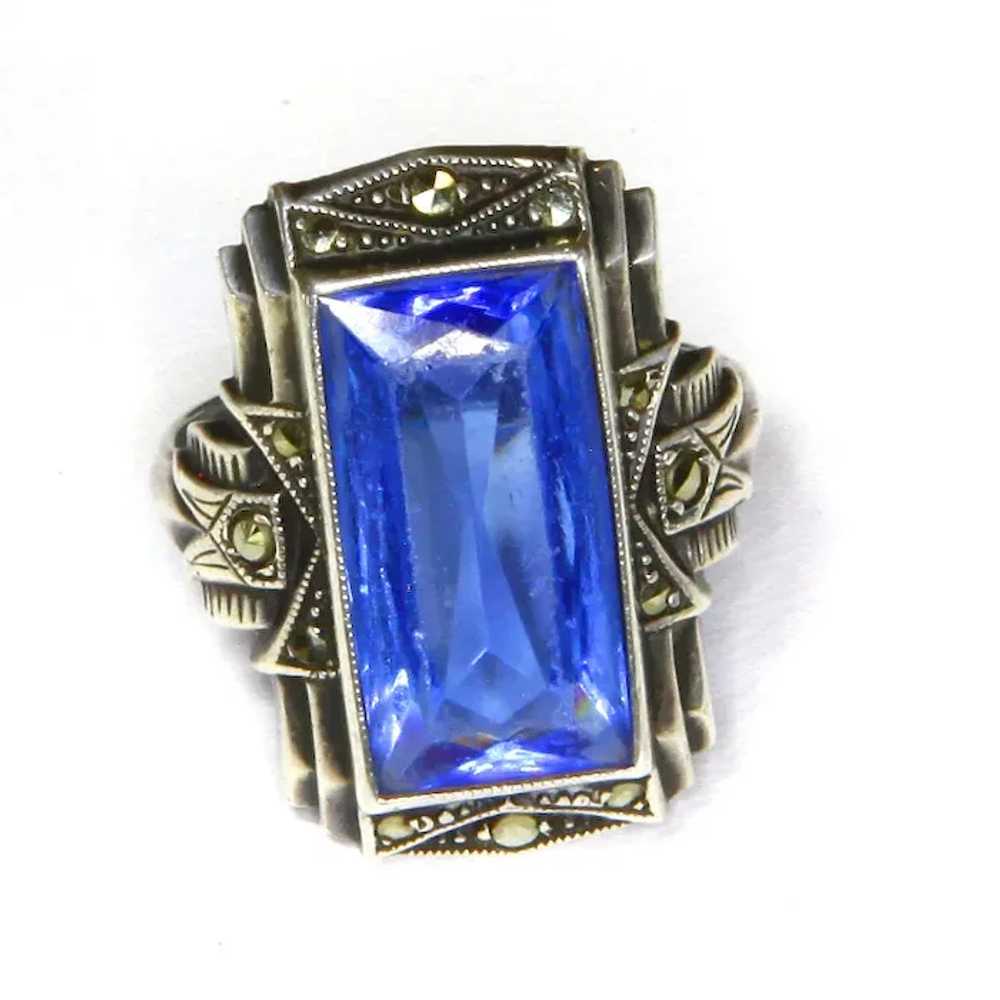 Art Deco Sterling Silver and faux Sapphire Ring –… - image 2