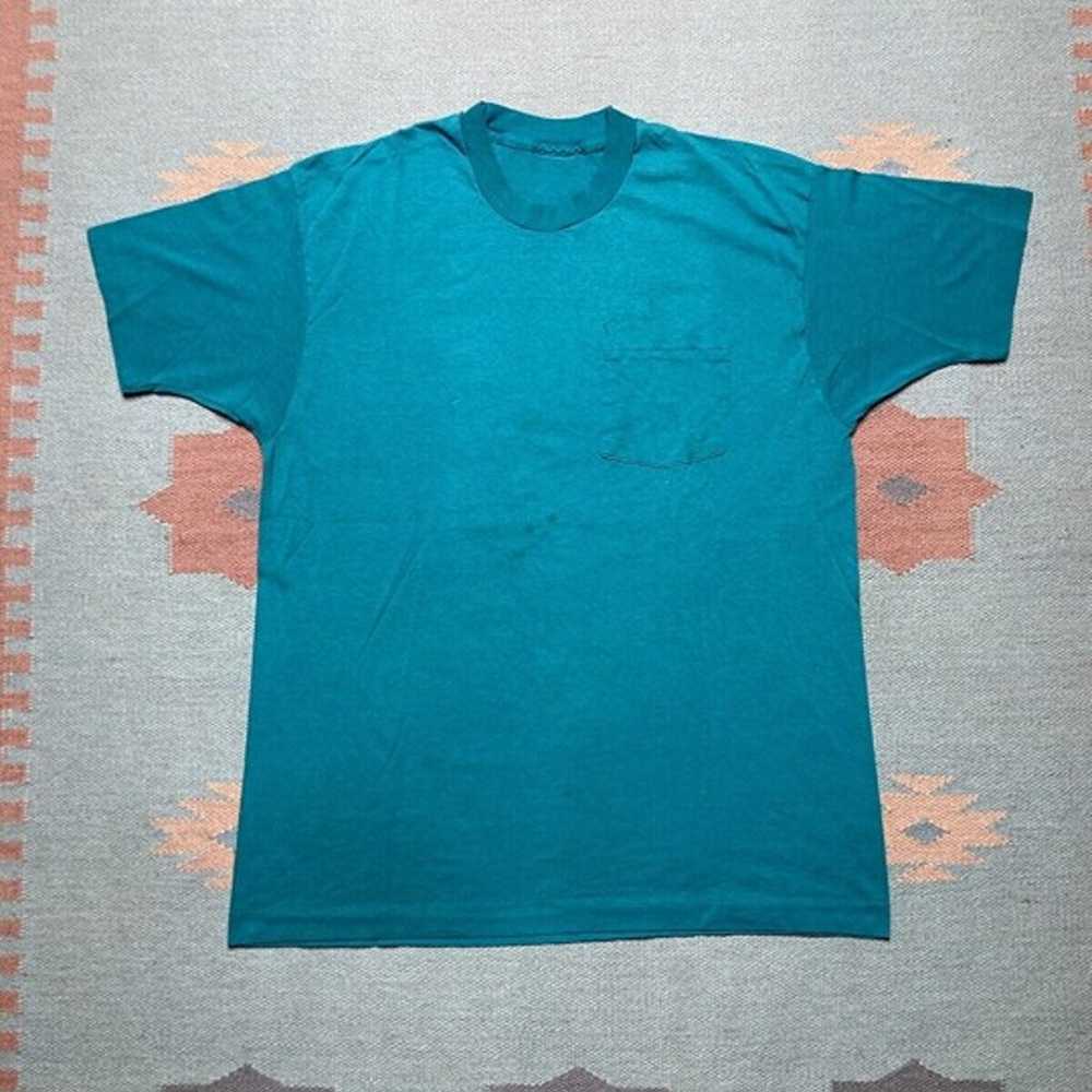 Vintage 1980s pocket t shirt blank plain teal blu… - image 1