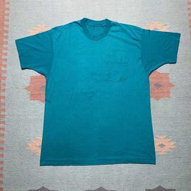 Vintage 1980s pocket t shirt blank plain teal blu… - image 1